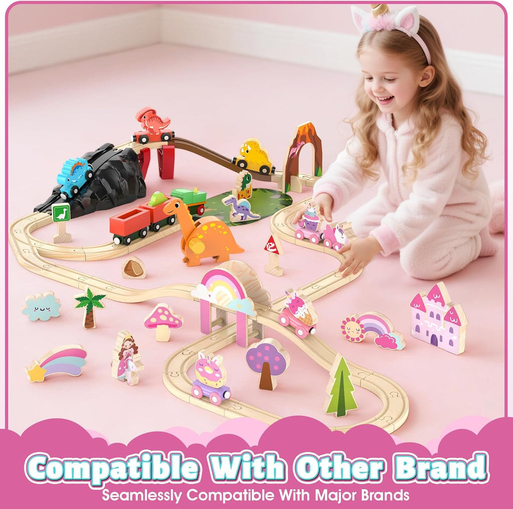 Wooden Train Set for Girls, Pink Unicorn Train Set | Princess and Castle Pieces for Imaginative Play, Compatible with