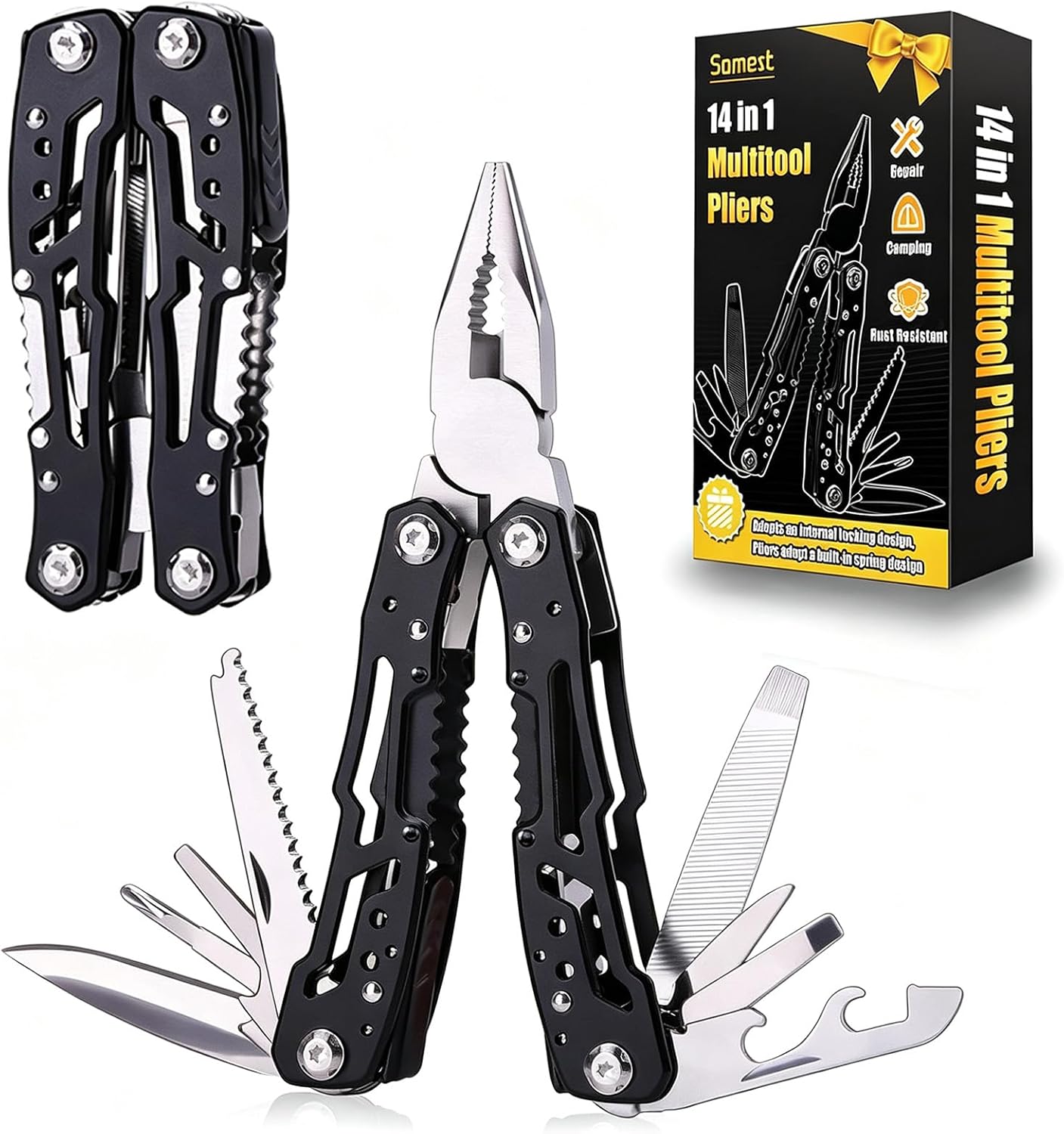 14 in 1 Multitool Pliers with Safety Lock, Professional Stainless Steel Pocket Knife, Portable Survival Gift for