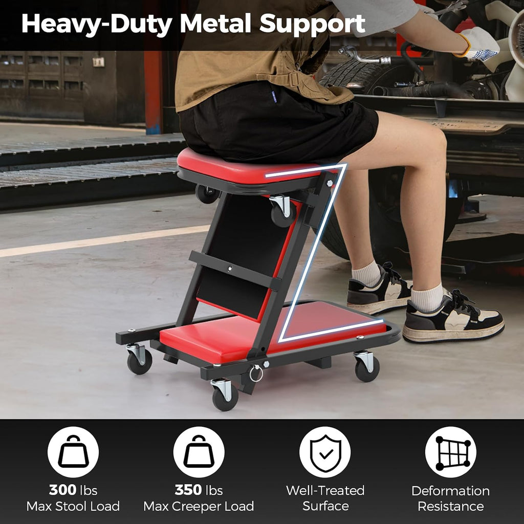 40" Z Garage Creeper, 2-in-1 Folding Creeper with Padded Seat & 6 Wheels, Low Profile Mechanic Creeper Seat
