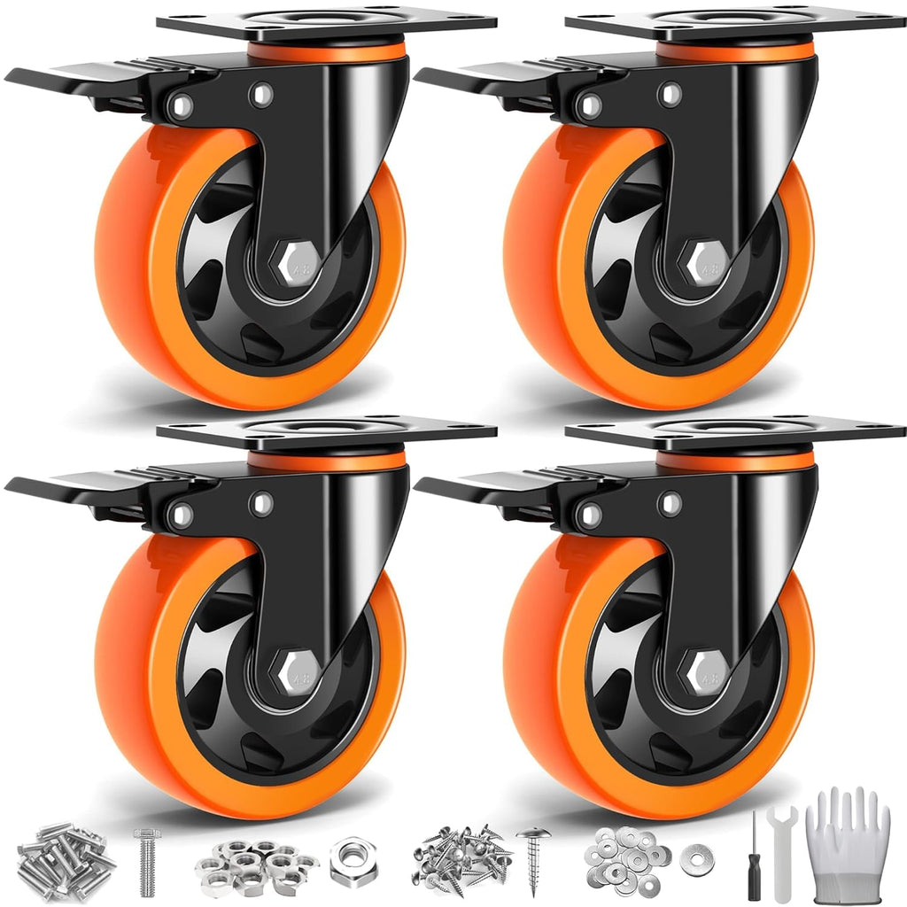 4 inch Casters Set of 4 Heavy Duty, Casters Wheels with Brake Load 2200lbs, Locking Swivel Top Plate Caster
