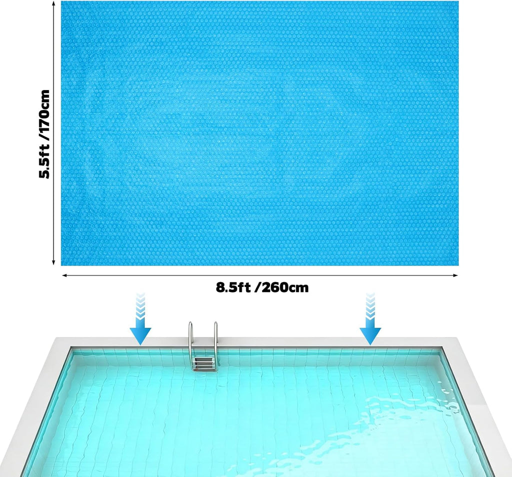 8.5x5.5 Ft Rectangle Solar Pool Cover for Above Pools, Blue Bubble Insulation Blanket for Heating, Heat Retention