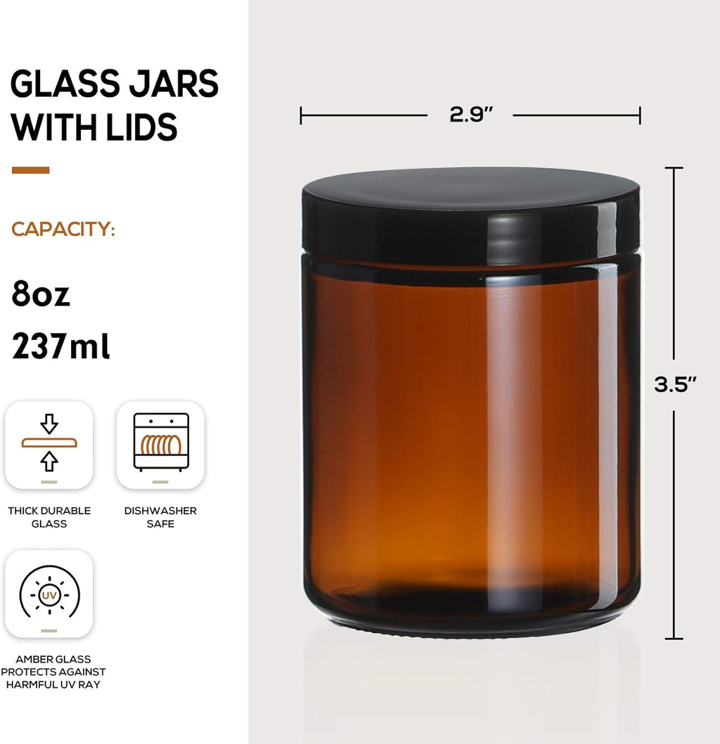 12 Pack, 8 OZ Dark Amber Candle Jars for Making Candle - Thick Glass Jars with 12 Metal & 12 Plastic Lids - Empty
