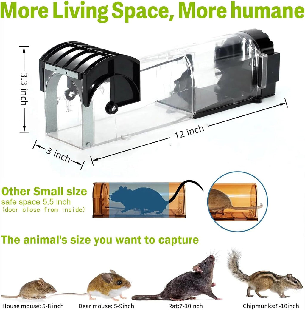 Humane Mouse Traps 12Inch Non-Contact Release,Easy to Use Clean, Child and Pet-Friendly Rat Trap for Rodents (Black