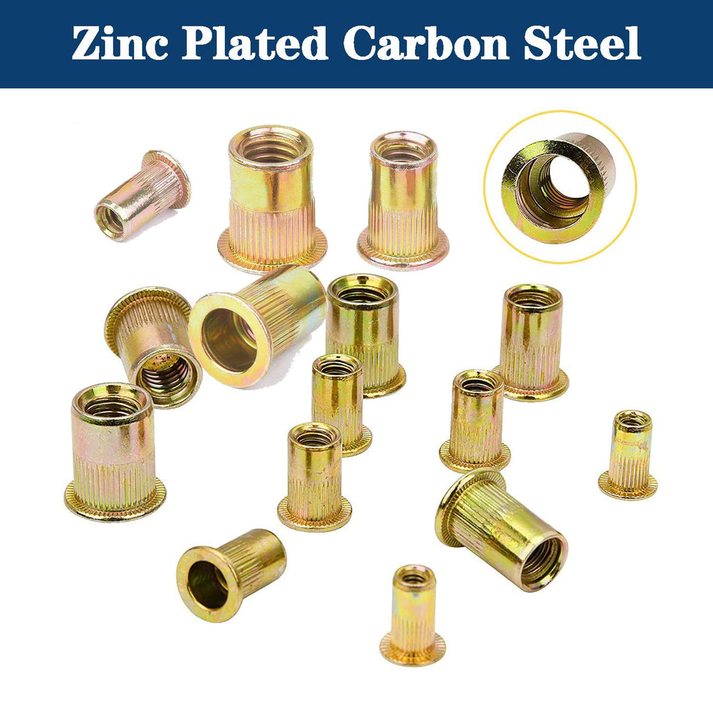 Rivet Nut 1/2"-13UNC 20Pcs Yellow Zinc Plated Finish Flat Head Knurled Body