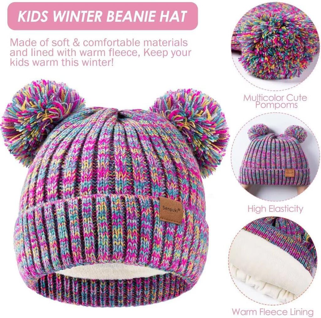 Kids Winter Hat Gloves Scarf Set, Girls Toddler Children Beanie with Pom Knit Neck Warmer Gaiter Mittens Fleece Lined