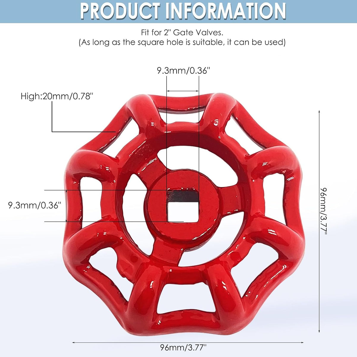 1pcs Replacement Gate Valve Handwheel,Round Wheel Valve Handle Replacement,for 2" Gate Valves, Outer Diameter 96mm (Square Hole 9.3x9.3mm)