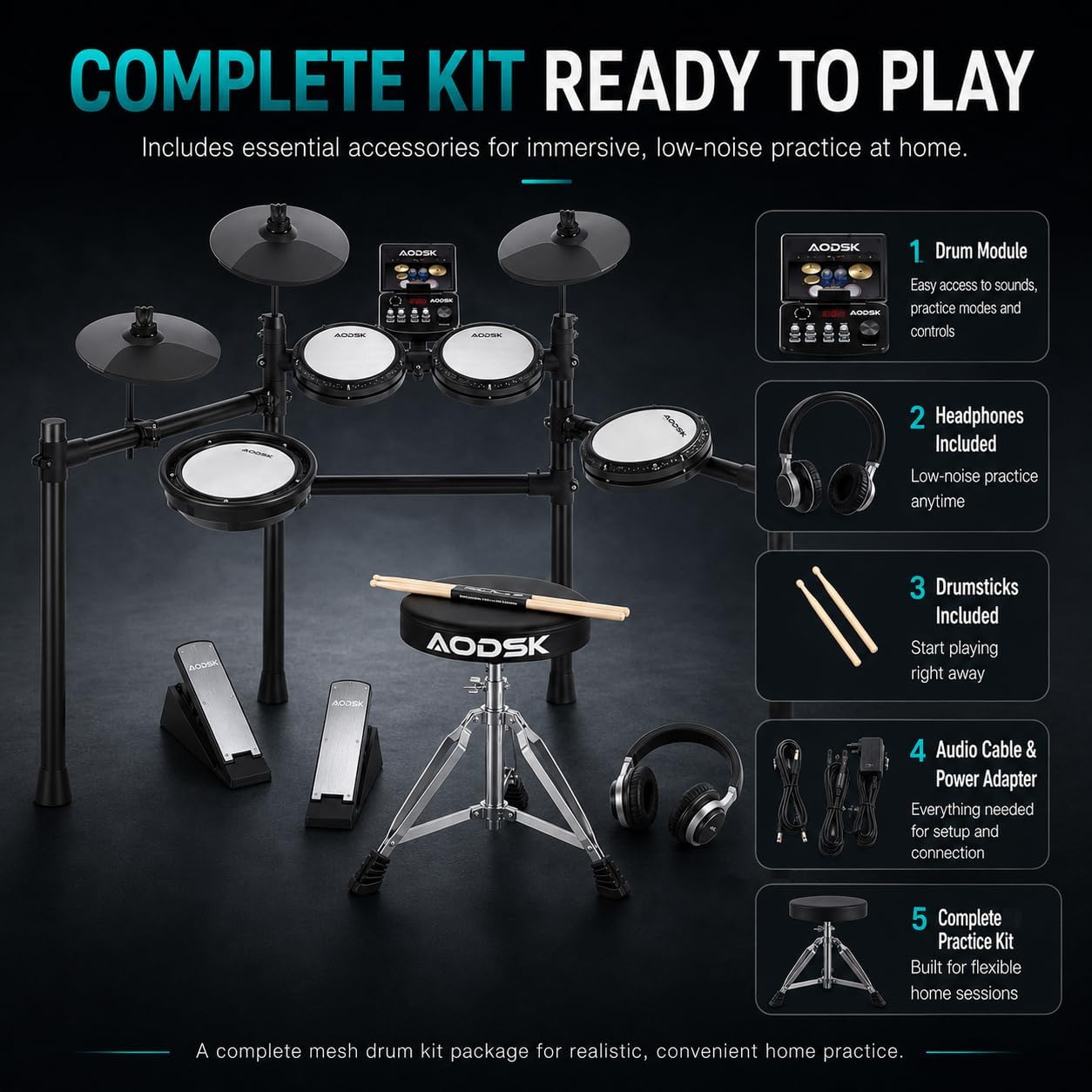 Electronic Drum Set, Professional Mesh Drum Pads, Upgraded Sound Module 260 sounds/30 Kits/20 Songs,Includes