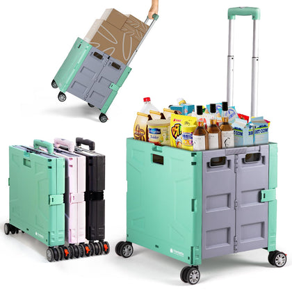Folding Utility Cart with Lid, 60L Collapsible Rolling Crate, 165LBS Heavy Duty Foldable Shopping Cart, Portable