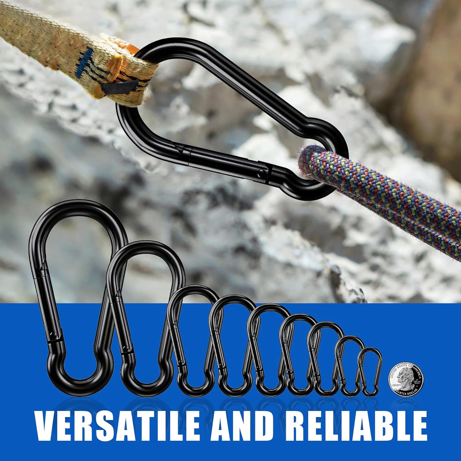 Carabiner Clip Hook, 3.15 inch 15 pcs Black Heavy Duty Spring Snap Hook Key Chain, Carabiners Clips for Outdoor