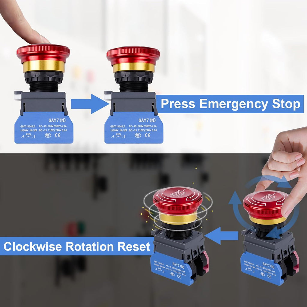 Emergency Stop Button 32A 440V Latching Push Button Switch, 22mm Aluminum Alloy Round E-Stop Button, IP65 Waterproof Self-Locking Shut Off Switch