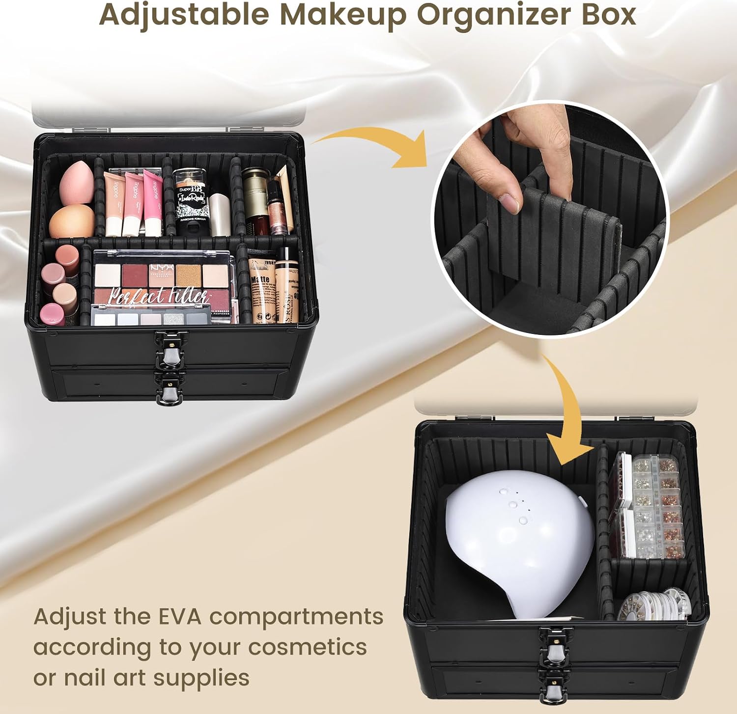 Makeup Case with Drawer, Detachable Lighted LED Mirror, Makeup Organizer Box Travel Make up Vanity Case Portable