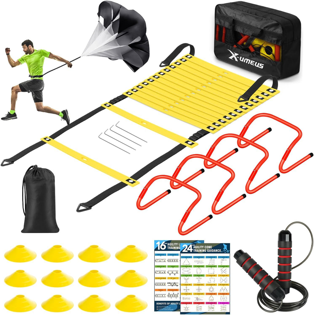 Agility Ladder Speed Training Equipment Set-20ft Agility Ladder,12 Soccer Cones,4 Hurdles, Jump Rope, Running