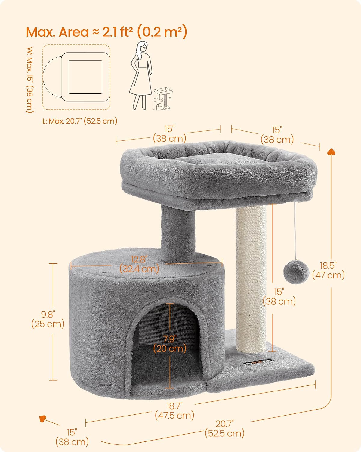 Cat Tree, Small Cat Tower with Sisal Scratching Post, Plush Condo with Padded Perch