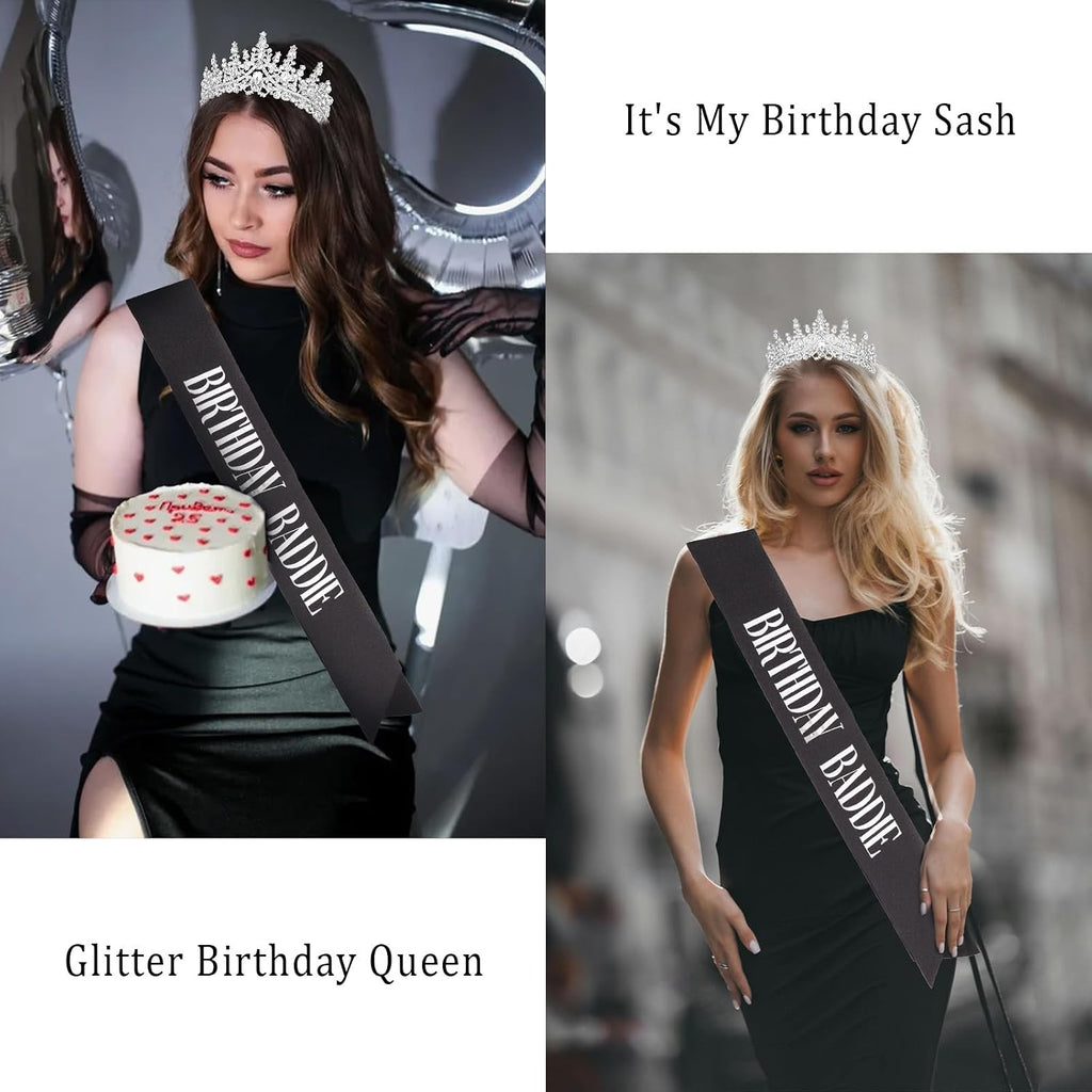 Silver Birthday Crown Adult Woman & Glitter Black Gothic Black Birthday Baddie Sash Princess Tiara for Party