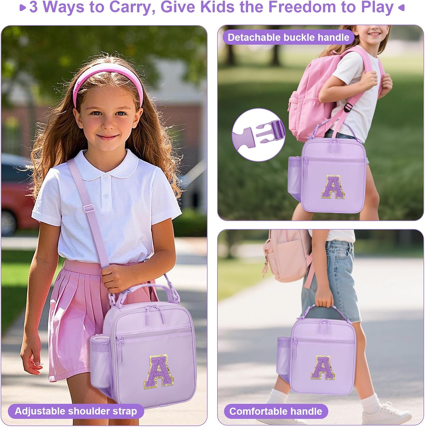 Initial Insulated Lunch Bag for Girls Kids, Back to School Gift, Reusable Leak-proof Lunch Box with Adjustable Strap