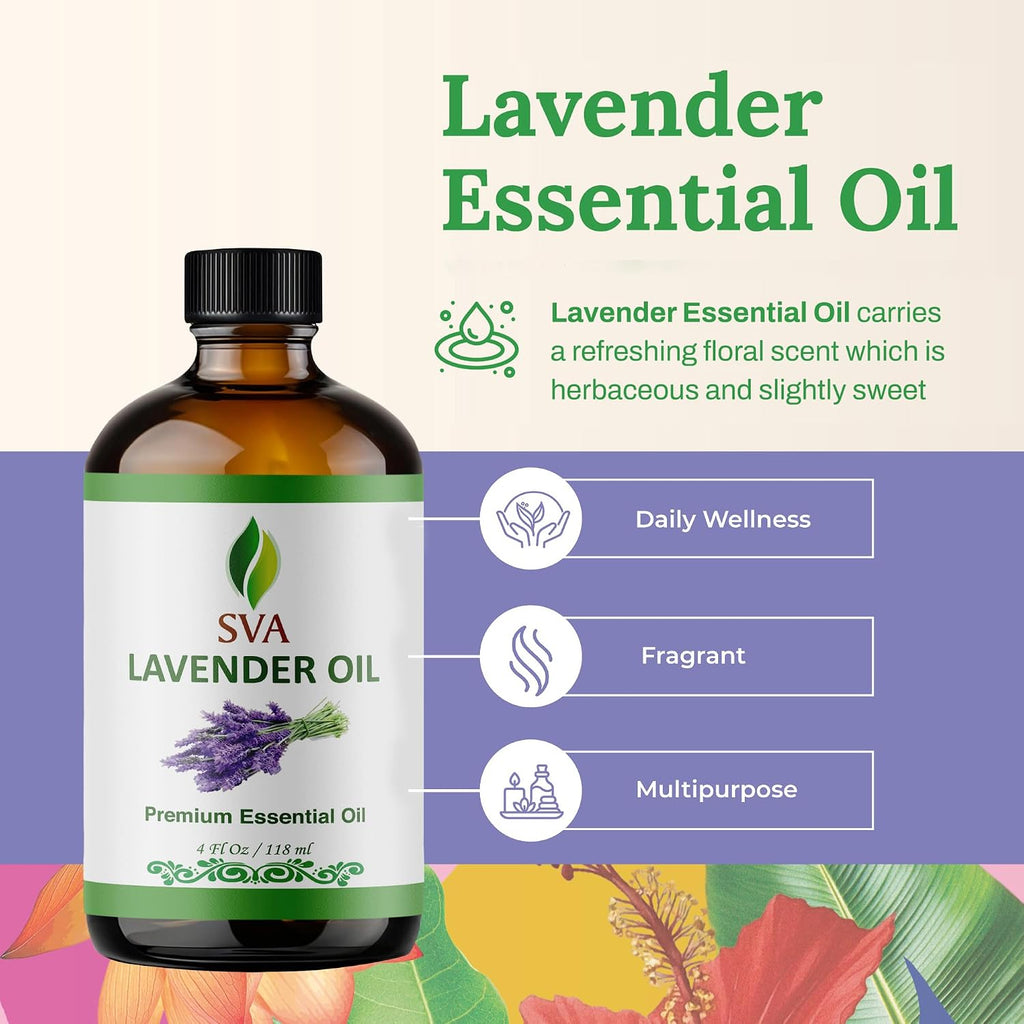SVA Lavender Essential Oil, Glass Bottle with Dropper, 4 Fl Oz (118 ml) | Lavender Oil for Diffuser, Humidifier