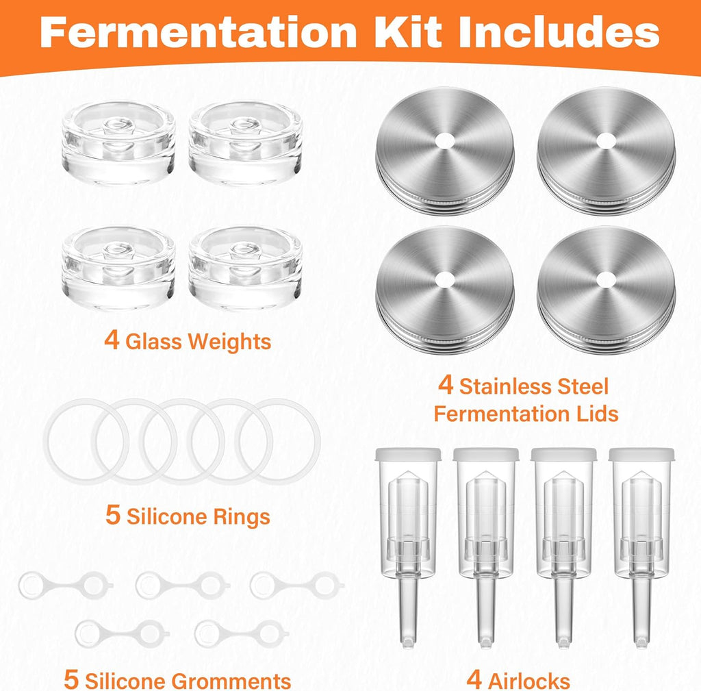 Fermentation Kit Set for Wide Mouth Mason Jar,Sauerkraut/Pickling Kit with 4 Glass Fermentation Weights,4 Fermenting