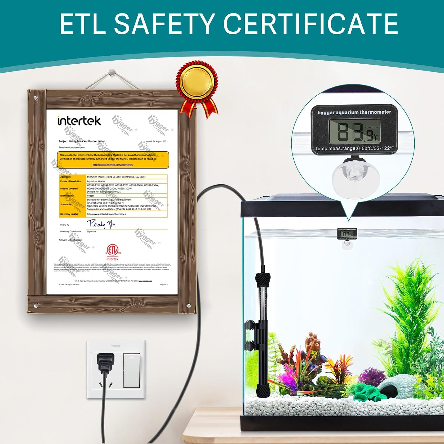 ETL Certification Aquarium Heater, 50W/100W/200W/300W Submersible Fish Tank Thermostat Heater with Firm Double Pair
