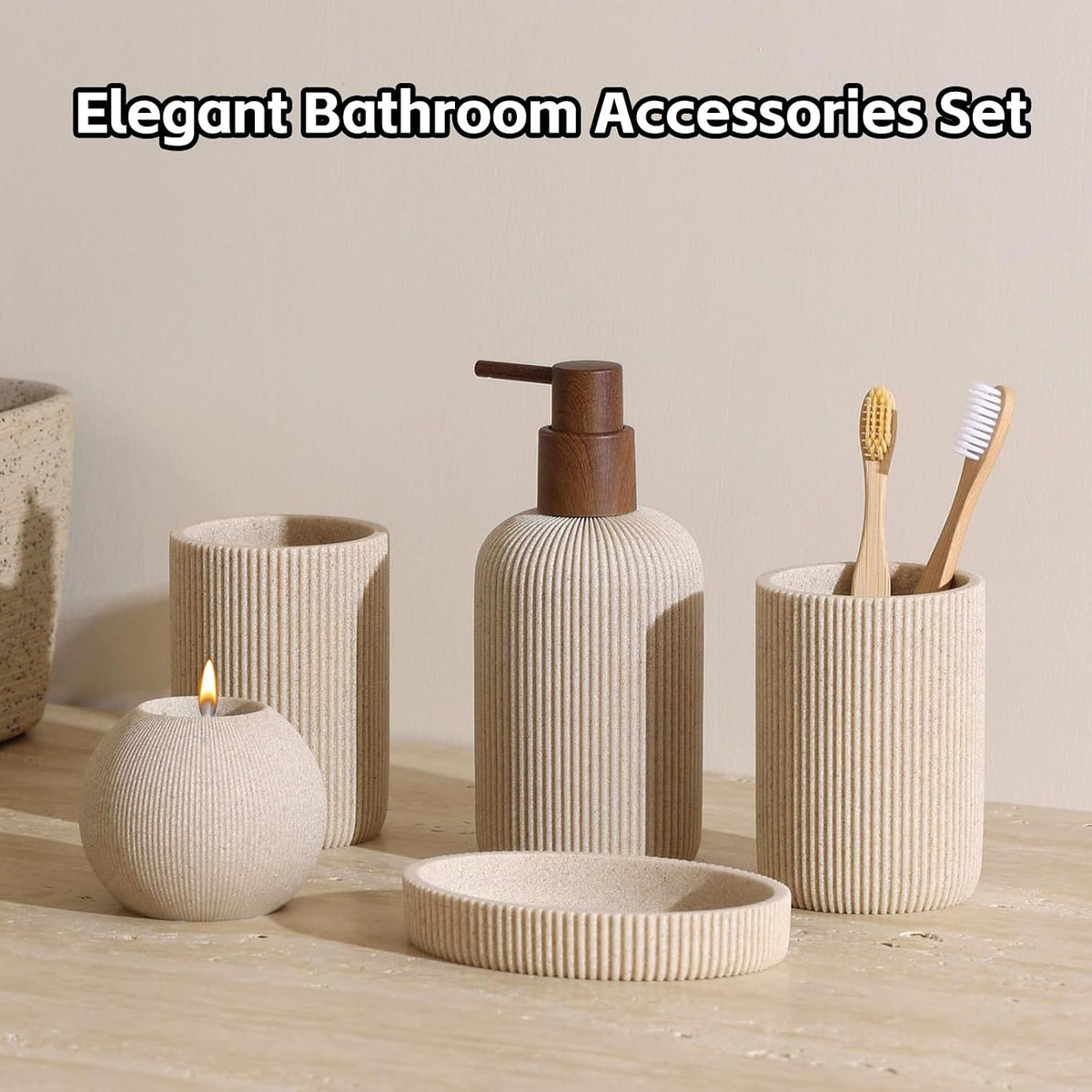 Bathroom Accessories Set, 5 PCS Modern Bath Organizer, Beige | Sandstone Look, Stripe,13.53 OZ Soap