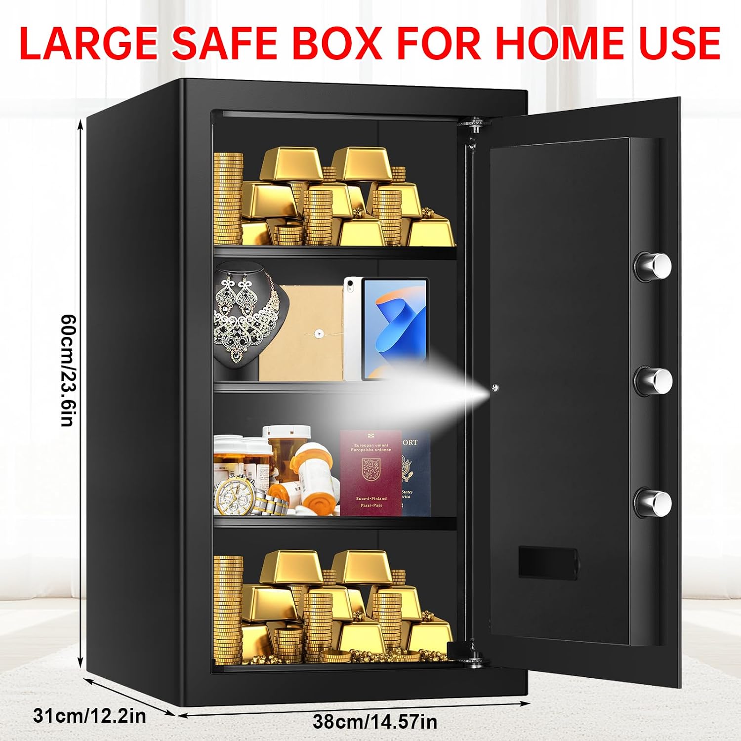 5.1 Cuft Large Home Safe Fireproof Waterproof, Anti-Theft Fireproof Safe Box with Programmable Keypad, Spare Keys and