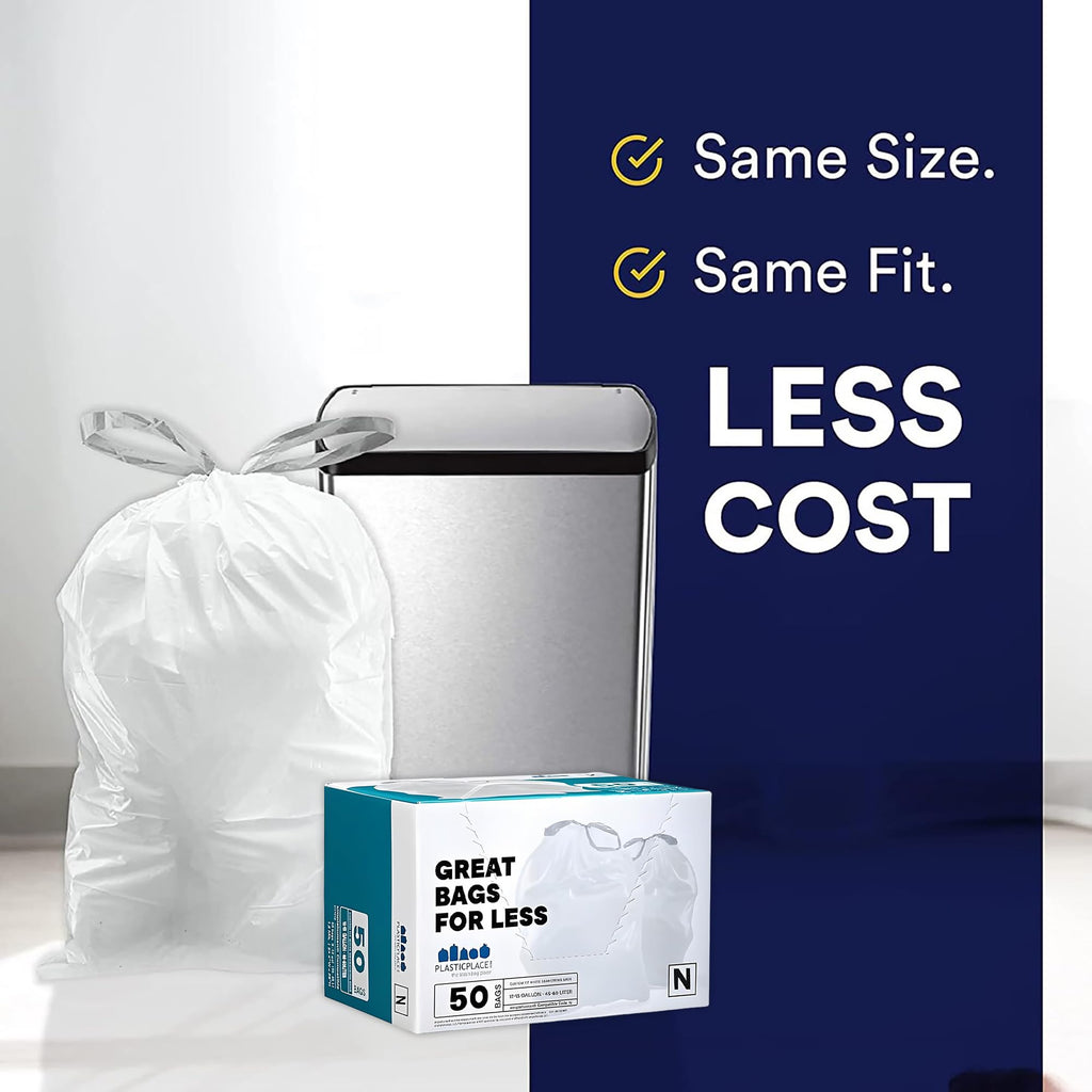 Custom Fit Trash Bags, Compatible with simplehuman Code N (50 Count) White Drawstring Garbage Liners 12-13 Gallon /