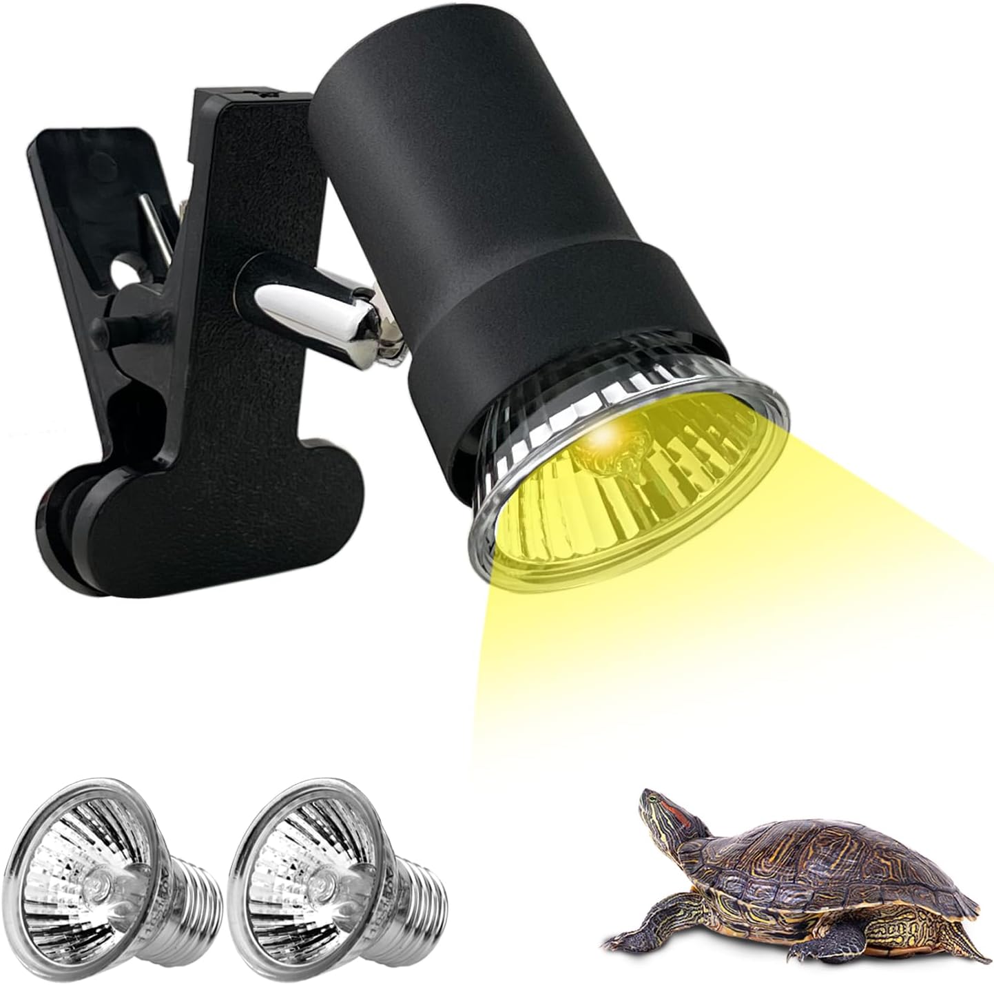 Turtle Heat Lamp + 2 Heating Bulbs (50W,35W), Reptile UVA UVB Basking Spot Lamp, Warming Light with Clamp for