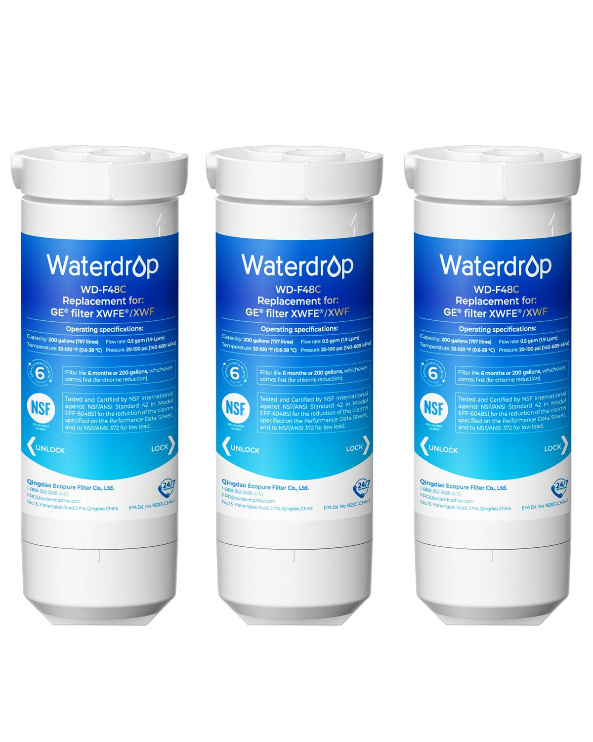 Water Filter Replacement for GE XWFE, Built-in Chip, 3 Pack