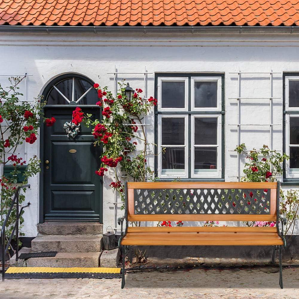 49.5in Outdoor Wood & Metal Porch Benches,Weatherproof Patio Park Bench,Outside Leisure Bench,Outdoor Garden Park