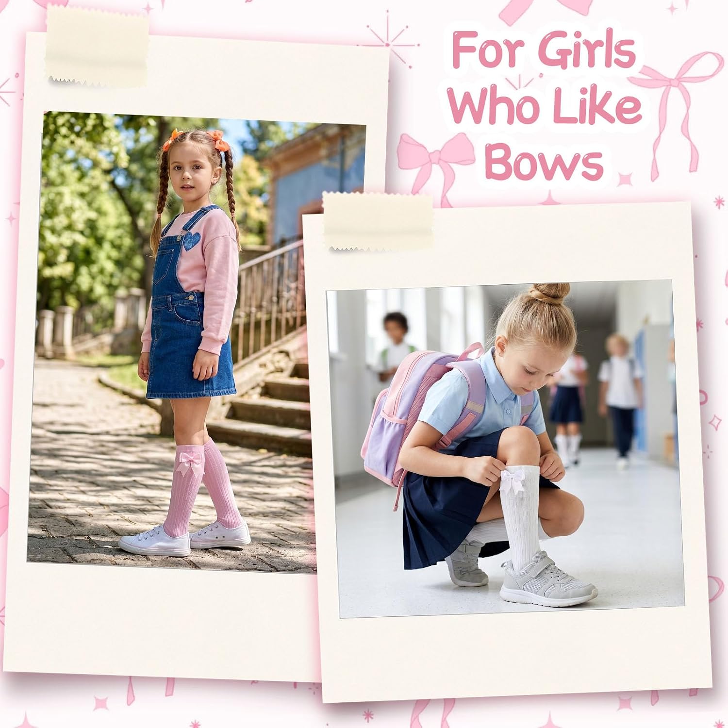 4 Pairs Girls Bow Knee High Socks Girls School Socks, 4-12 Years | Multicolor Choice with Cute Bow for Girls' School