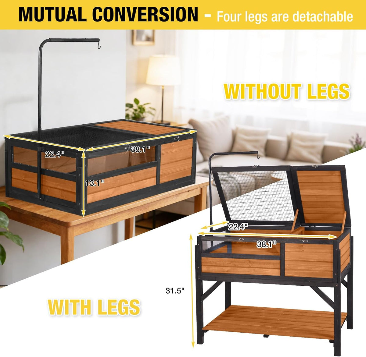 Tortoise Habitat Turtle Enclosure, Wooden Tortoise House Reptile Cage for Small Animals, Reptile Tank with Large