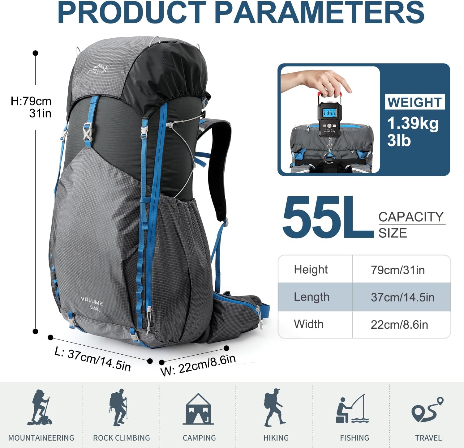55L Internal Frame Waterproof Hiking Camping Backpack with 3L Water Bladder and Rain Cover, Large Lightweight Travel