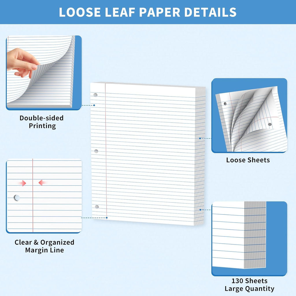 130 Sheets Loose Leaf Paper College Ruled Notebook Paper 8 x 10.5 in White