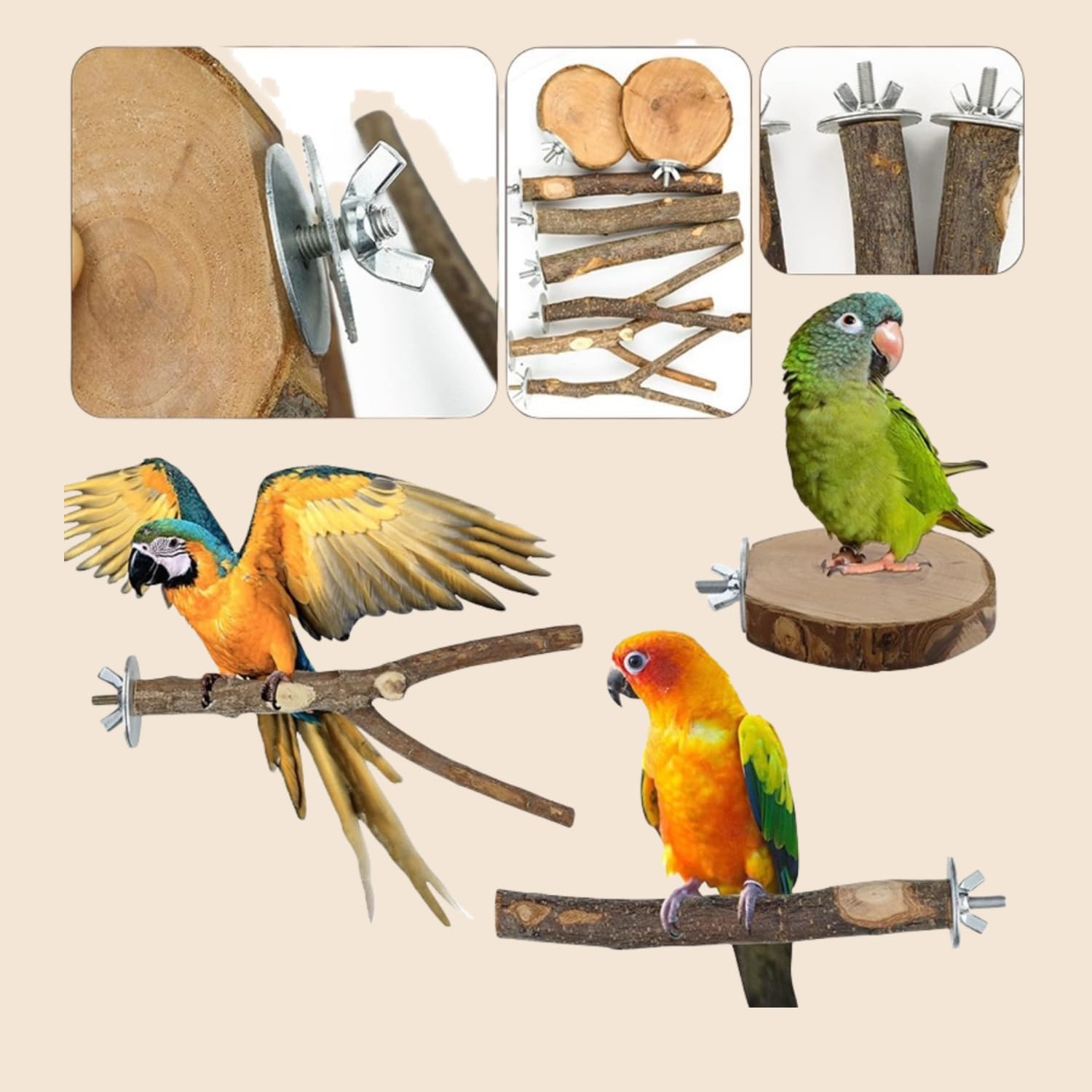 8-Piece Set Natural Wood Bird Perches - Wooden Parrot Stand with Fork Toys, Hanging Multi-Branch Platform, Hammock