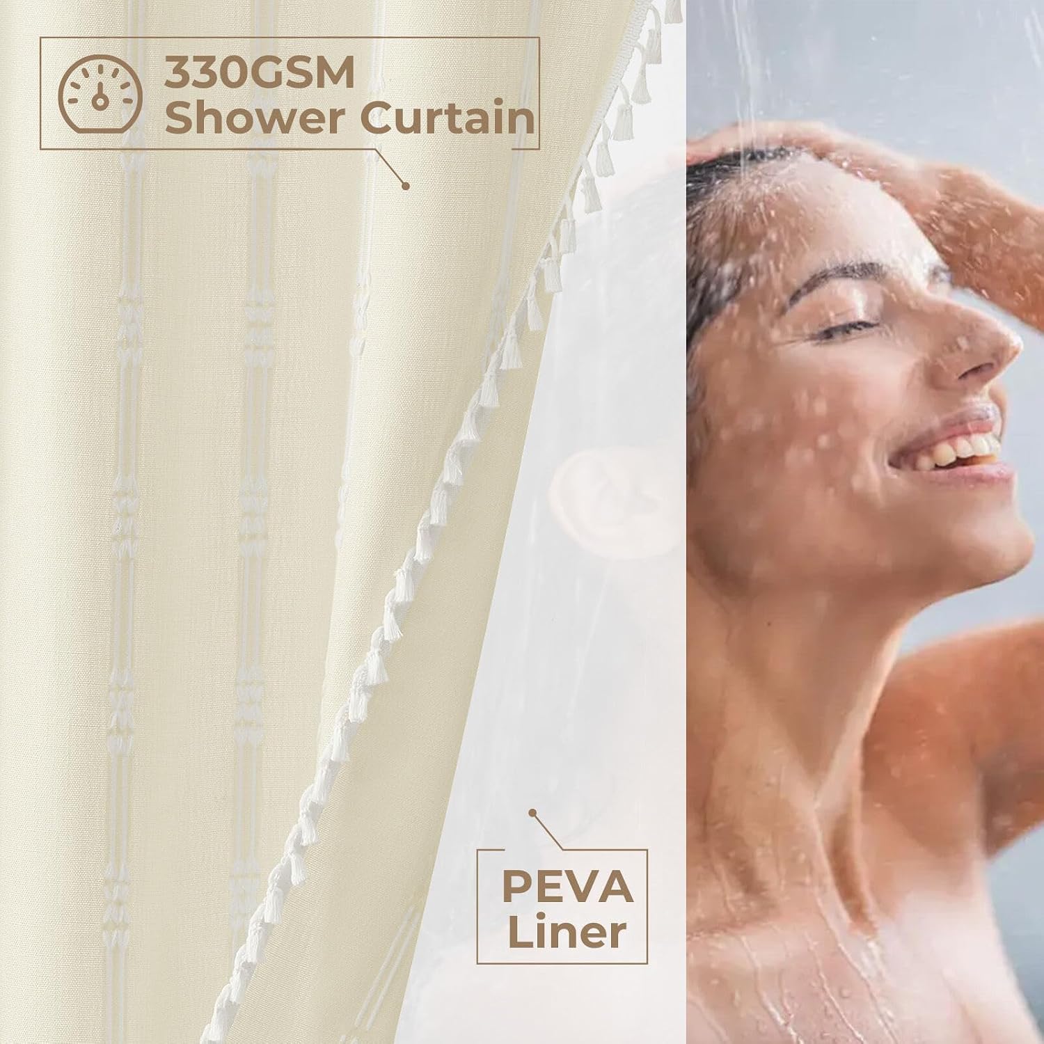 Linen Texture 3 in 1 Farmhouse Shower Curtain Set with Tassel, Boho Fabric Shower Curtains for Bathroom, Cream, 72W x