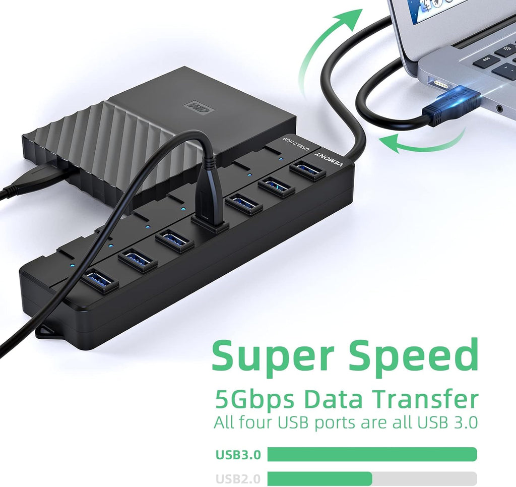 USB hub,7 Port USB 3.0 Hub,VEMONT USB Splitter with Individual On/Off Switches and Lights, 4ft/1.2m USB HUB Long