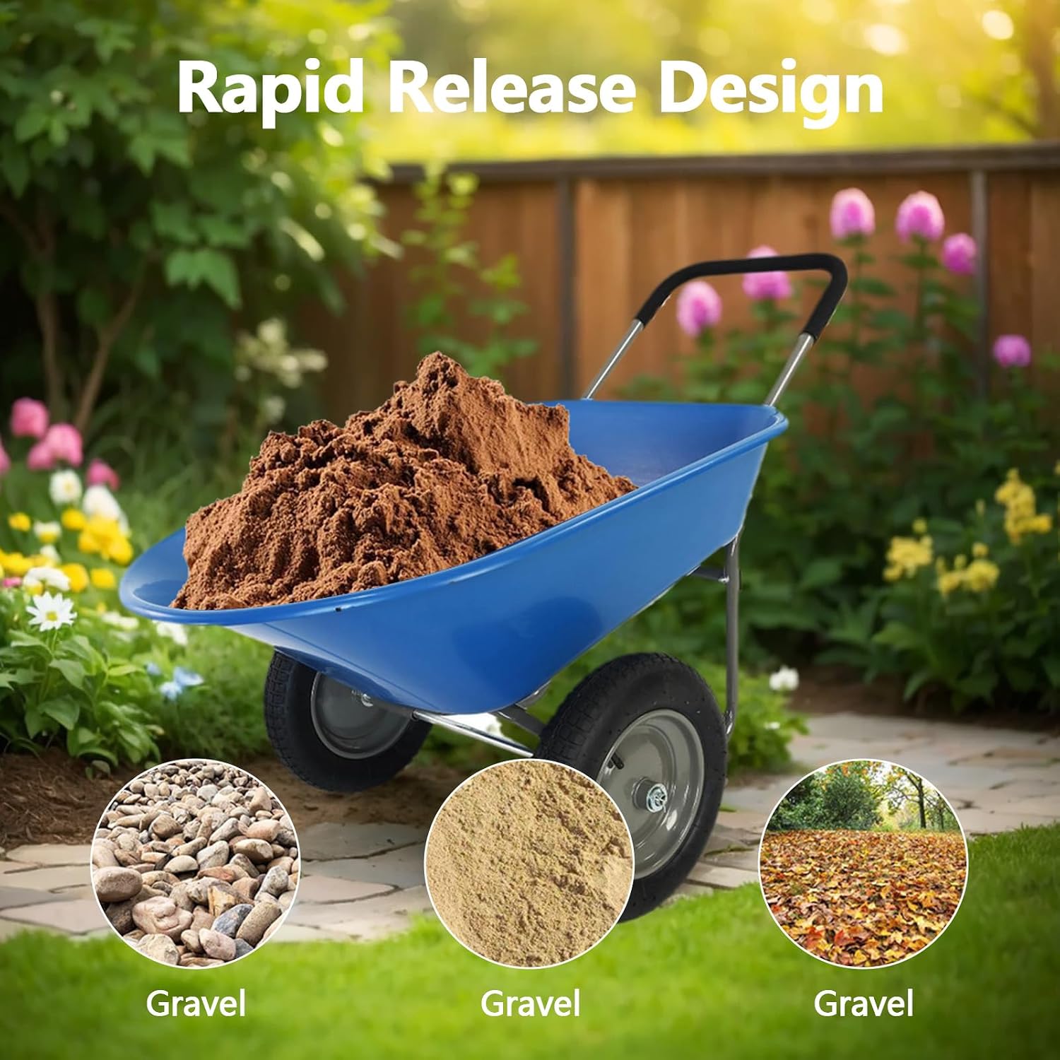 Dual Wheel Wheelbarrow, Heavy Duty Garden Cart, 300 lbs Capacity Utility Cart with Two 15 inches Pneumatic Tires for