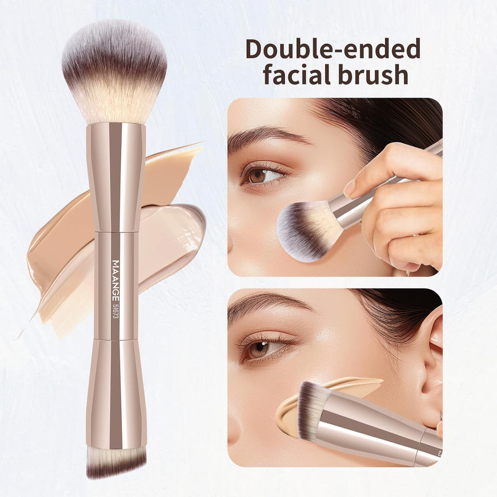 Foundation Makeup Brushes, 2Pcs Double Ended Makeup Brush for Blending Liquid Powder Concealer Cream Blush Buffe (Gold)