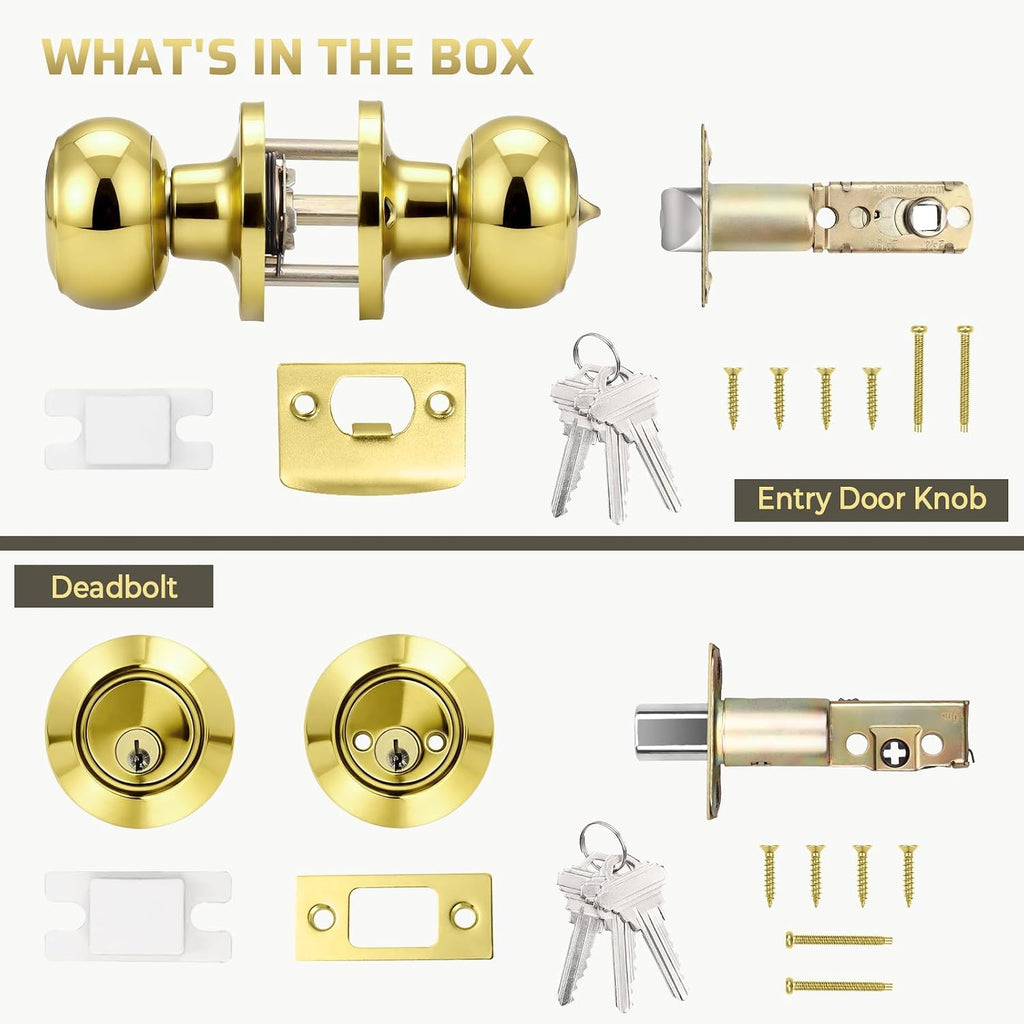 2 Pack Keyed Alike Door Knob and Double Cylinder Deadbolt Set, Exterior Door Lock Set, Polished Brass