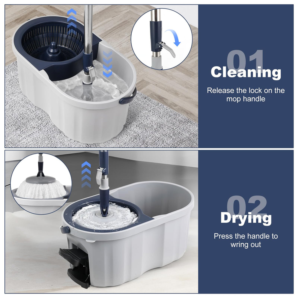 Spin Mop and Bucket System with 180-Degree Rotating Head
