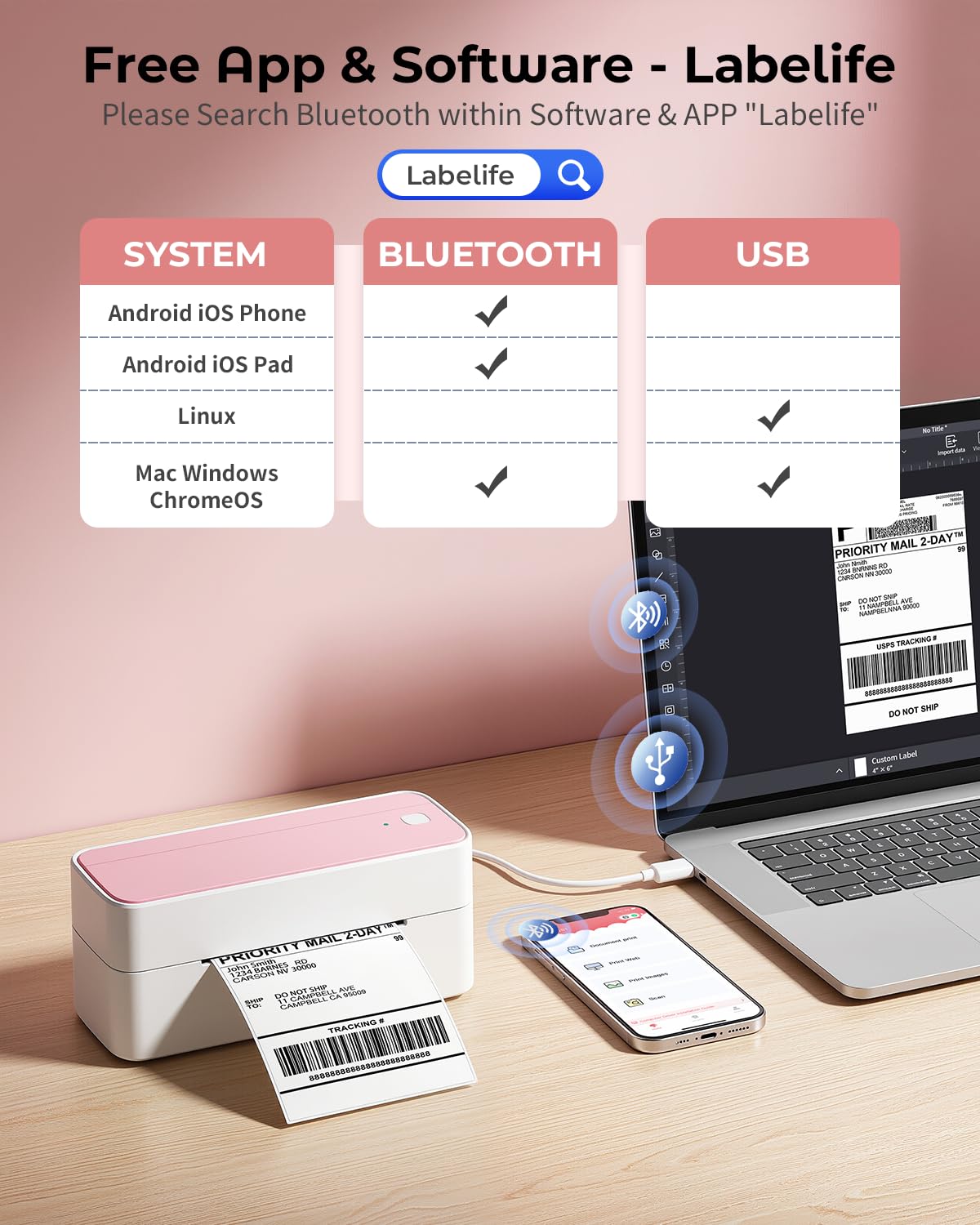 Bluetooth Thermal Shipping Label Printer with Holder & 500pcs Label