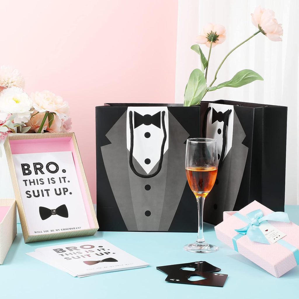 40 Pcs Groomsmen Gift Set, 10 Groomsmen Gift Bags with Tuxedo Design, 10 Stainless Steel Poker Bottle Opener, 10