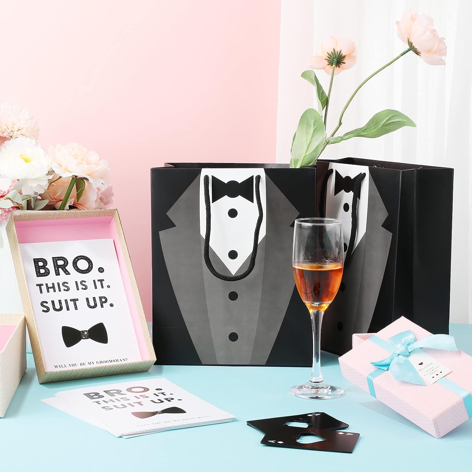 40 Pcs Groomsmen Gift Set, 10 Groomsmen Gift Bags with Tuxedo Design, 10 Stainless Steel Poker Bottle Opener, 10