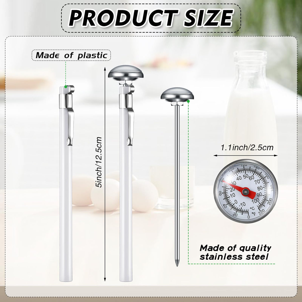 6 Pcs Stainless Steel Kitchen Dial Thermometer 5",White