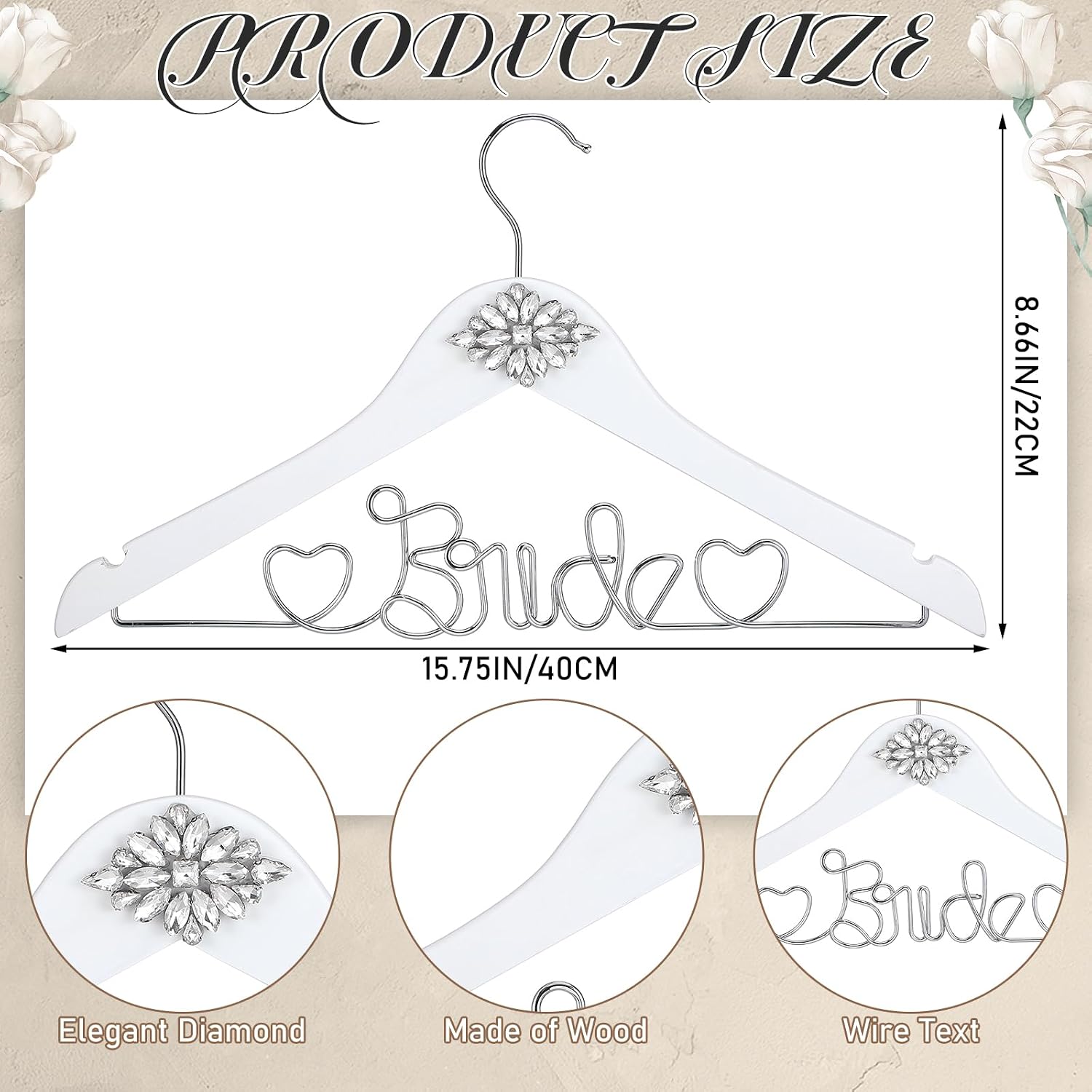 Wood Bridal Hanger for Wedding Dress,White,Rhinestone