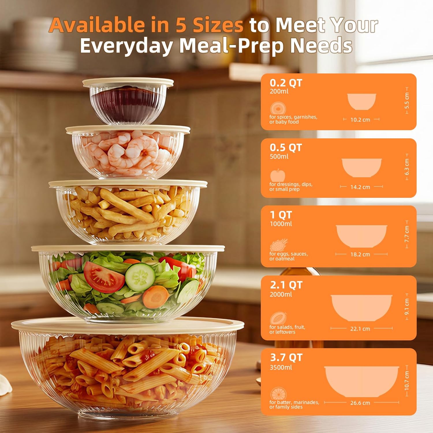 Glass Mixing Bowls with Lids Set - 5 Packs, Borosilicate Nesting Glass Bowls (3.7-2.1-1-0.5-0.2QT) for Baking, Salad