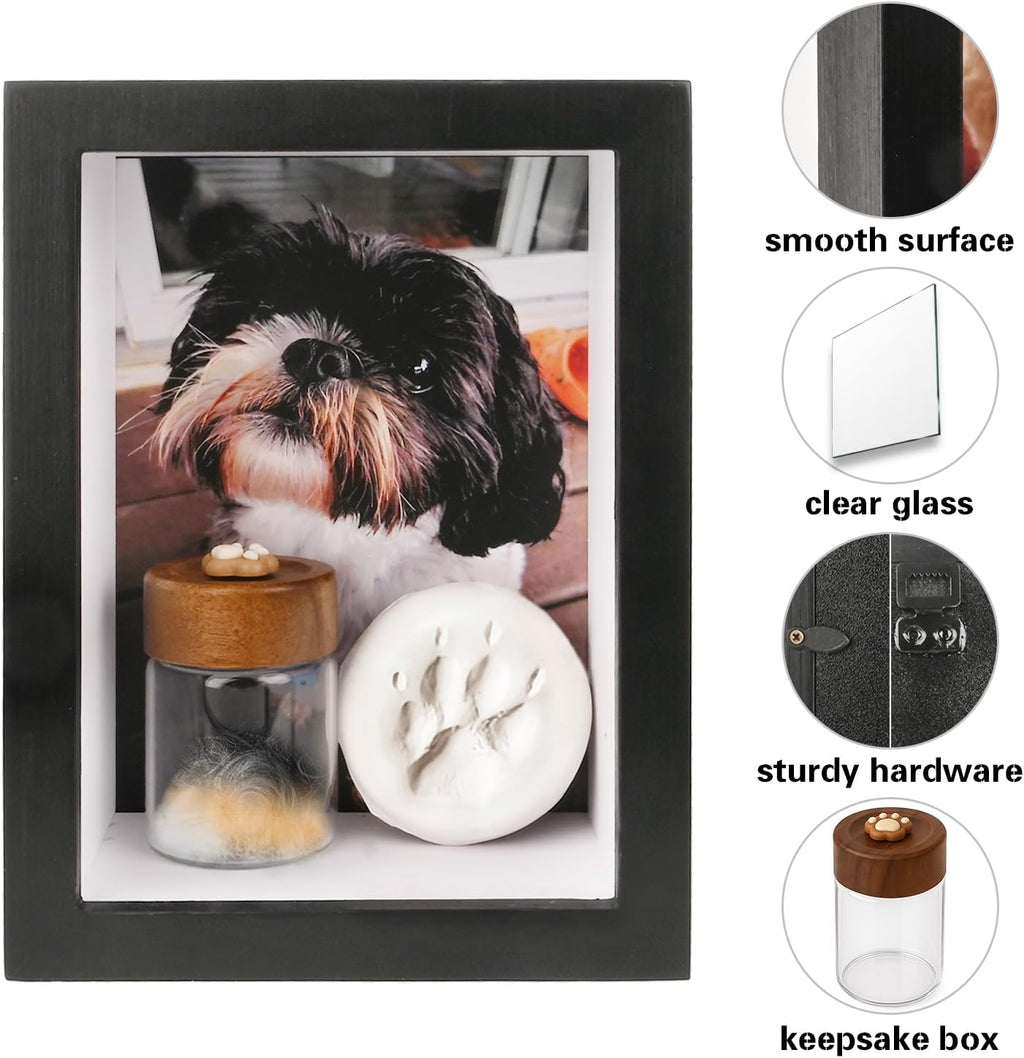 Dog Memorial Shadow Box Frame 5x7 with Paw Print Kit and Fur Keepsake Box Small Pet Memorial Frame Box for Dogs and