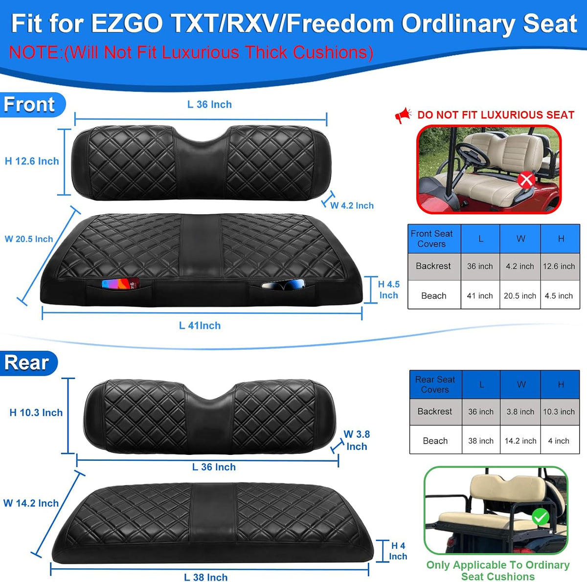 MOSNAI Golf Cart Front and Rear Seat Covers for EZGO TXT Freedom 1994+, RXV