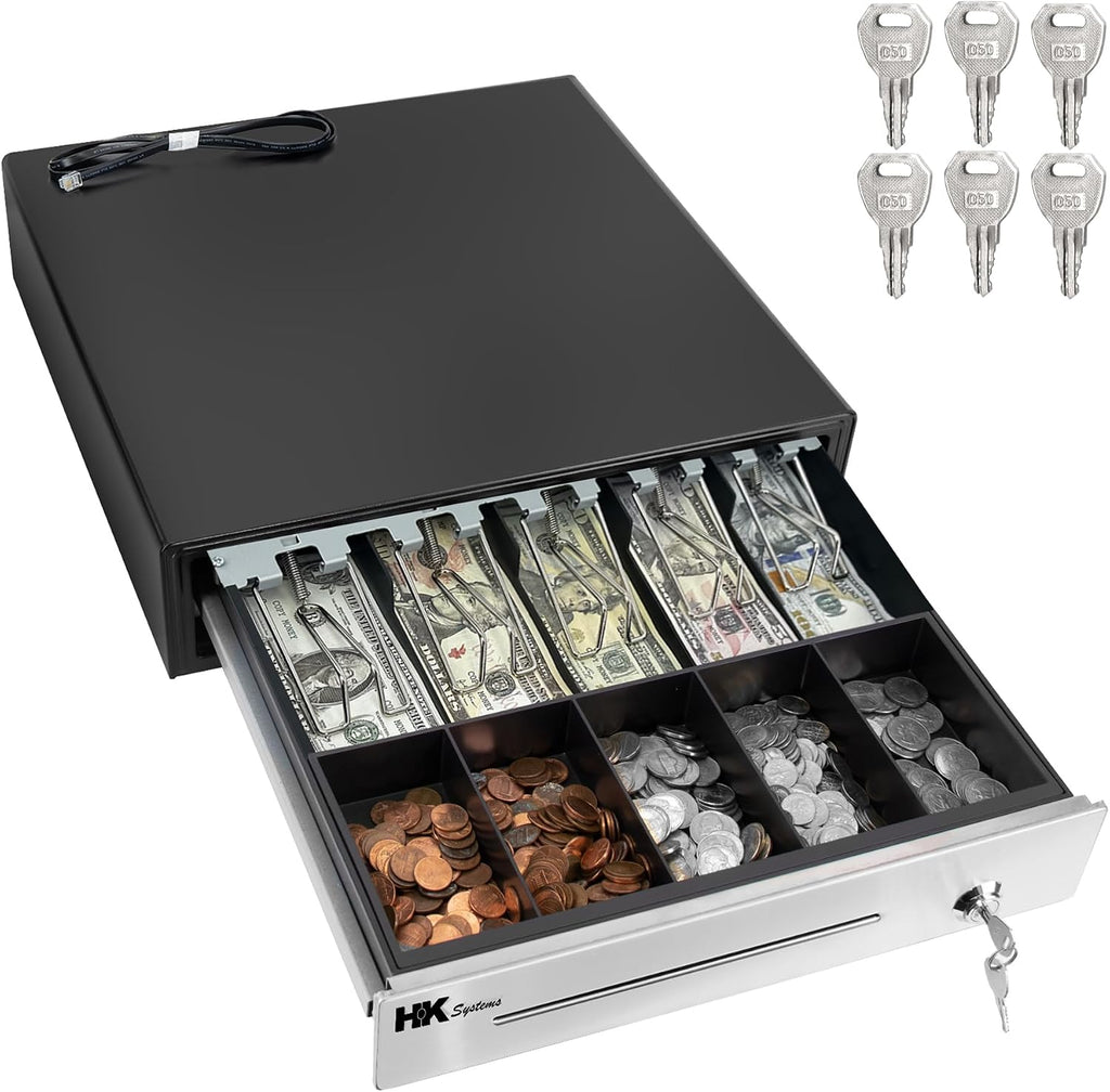 16" POS Cash Drawer Stainless Steel Front, Ball bearing slide, Heavy Duty POS with Removable Tray 5Bill/5Coin