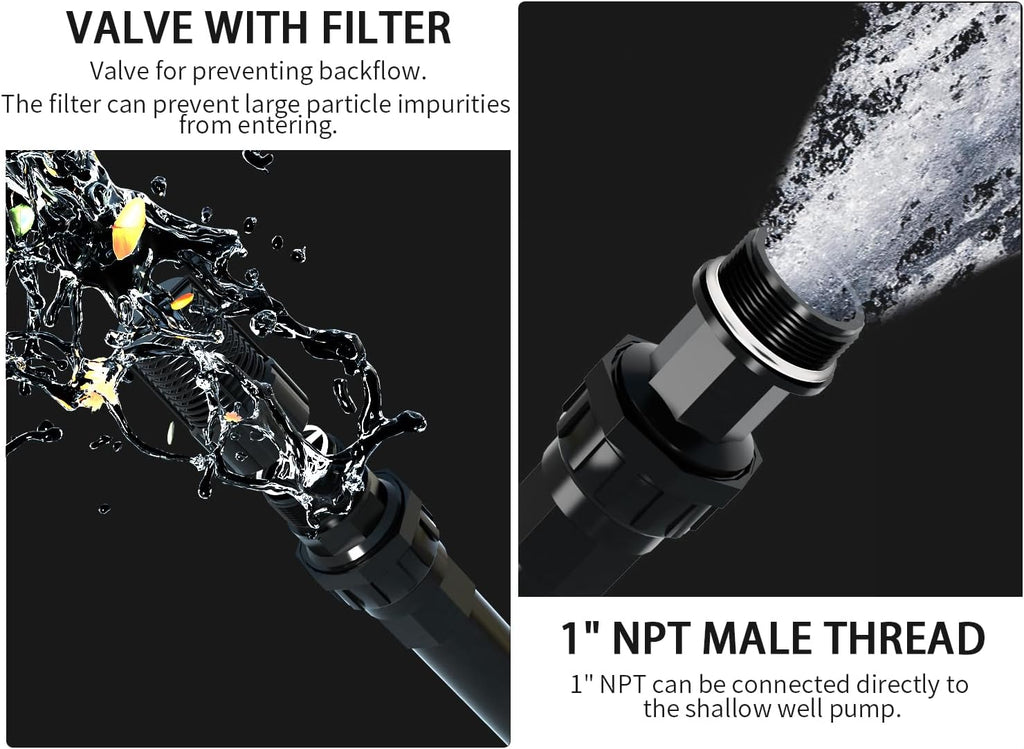 1" Suction Hose Kit with Check Valve, PVC Water Intake Hose Set, Flexible Tubing Easy to Install for Water Pump Well