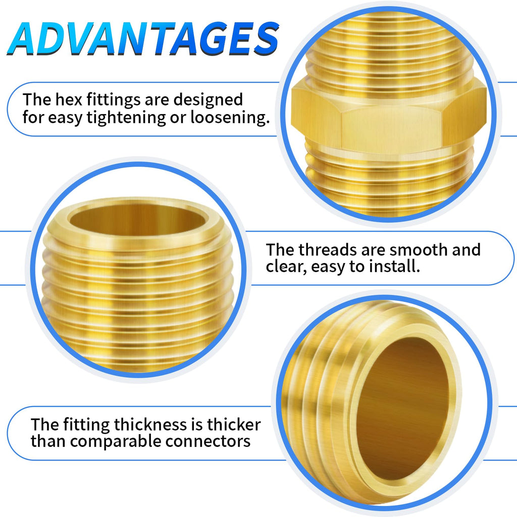 ChillWaves Brass Pipe Fitting，Hex Nipple 3/4" NPT Male x 3/4" NPT Male Thread Adapter(3-PACK)